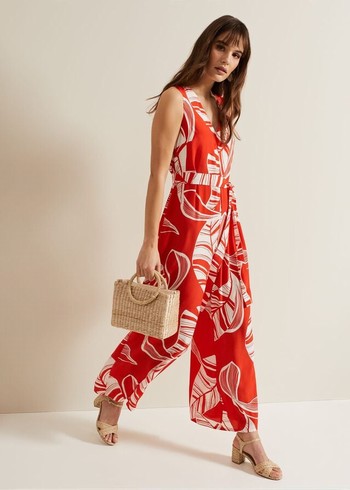 Phase Eight Suzie Leaf Print Jumpsuit Red USA | 1320946-OX